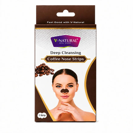V-Natural Feel Good Deep Cleansing Coffee Nose Strips in its retail packaging, featuring a brown and white box with a model wearing a black nose strip.