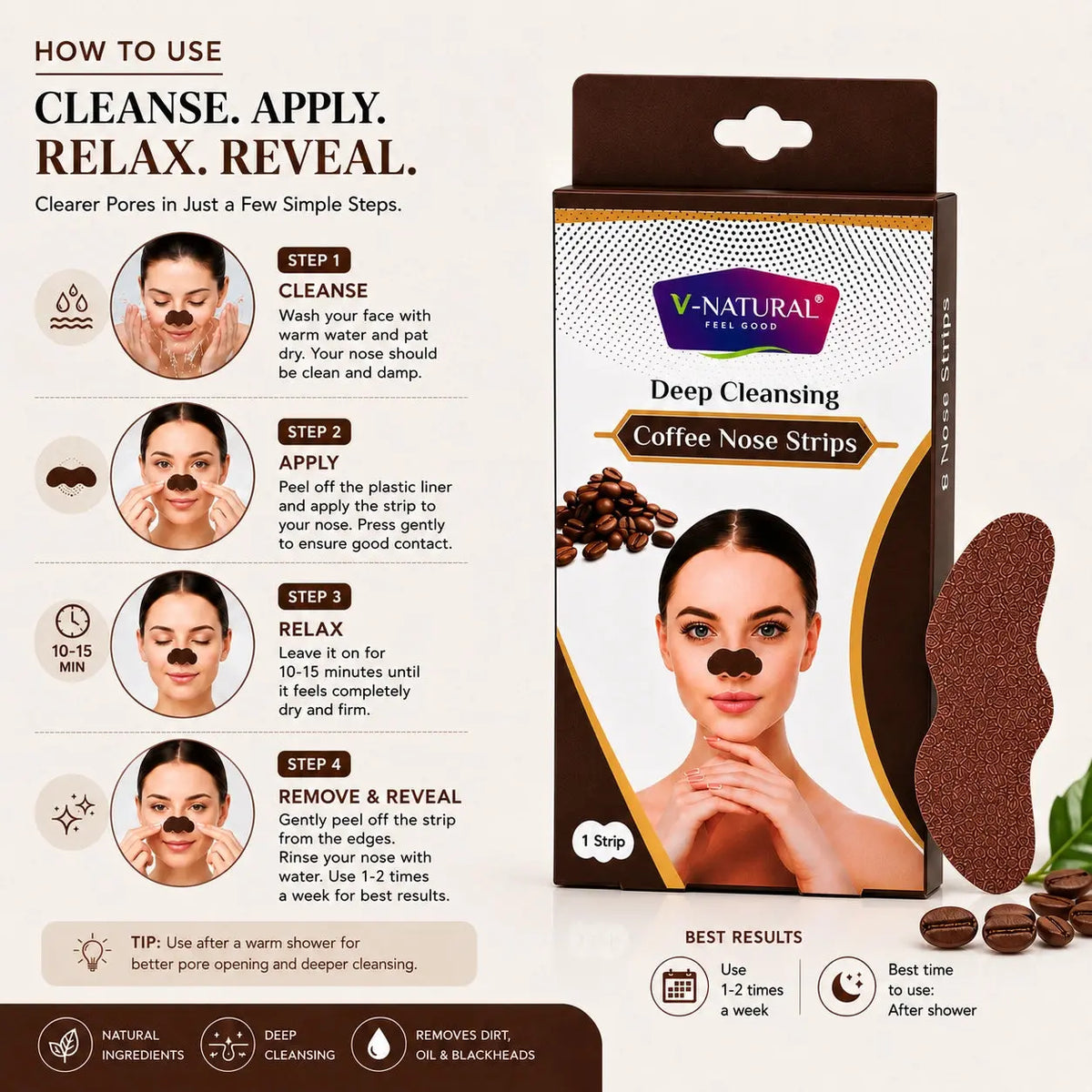 V-Natural Deep Cleansing Coffee Nose Strips packaging and application guide. The image shows the retail box on the right with a coffee-stripe patch applied on a model's nose, and a detailed step-by-step 'How to Use' diagram on the left.