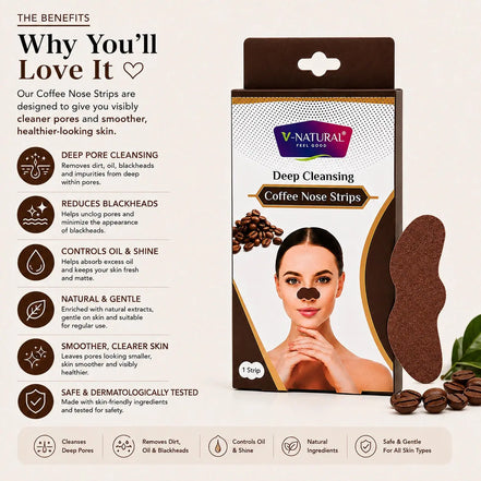 V-Natural Deep Cleansing Coffee Nose Strips packaging shown on a beige background with promotional text, benefit icons, and a model wearing the nose strips.