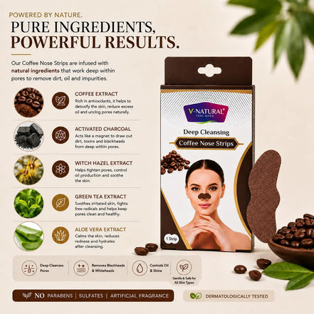 V-Natural Deep Cleansing Coffee Nose Strips packaging shown on a beige promotional background with coffee beans, leaves, and a small inset photo of a woman applying a black face mask.