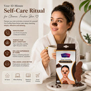 A woman in a white robe holds a mug while wearing a coffee nose strip on her nose. The image is a promotional graphic for V-Natural Coffee Nose Strips, showing the product packaging on a marble tray with coffee beans, alongside marketing text and icons about its benefits.