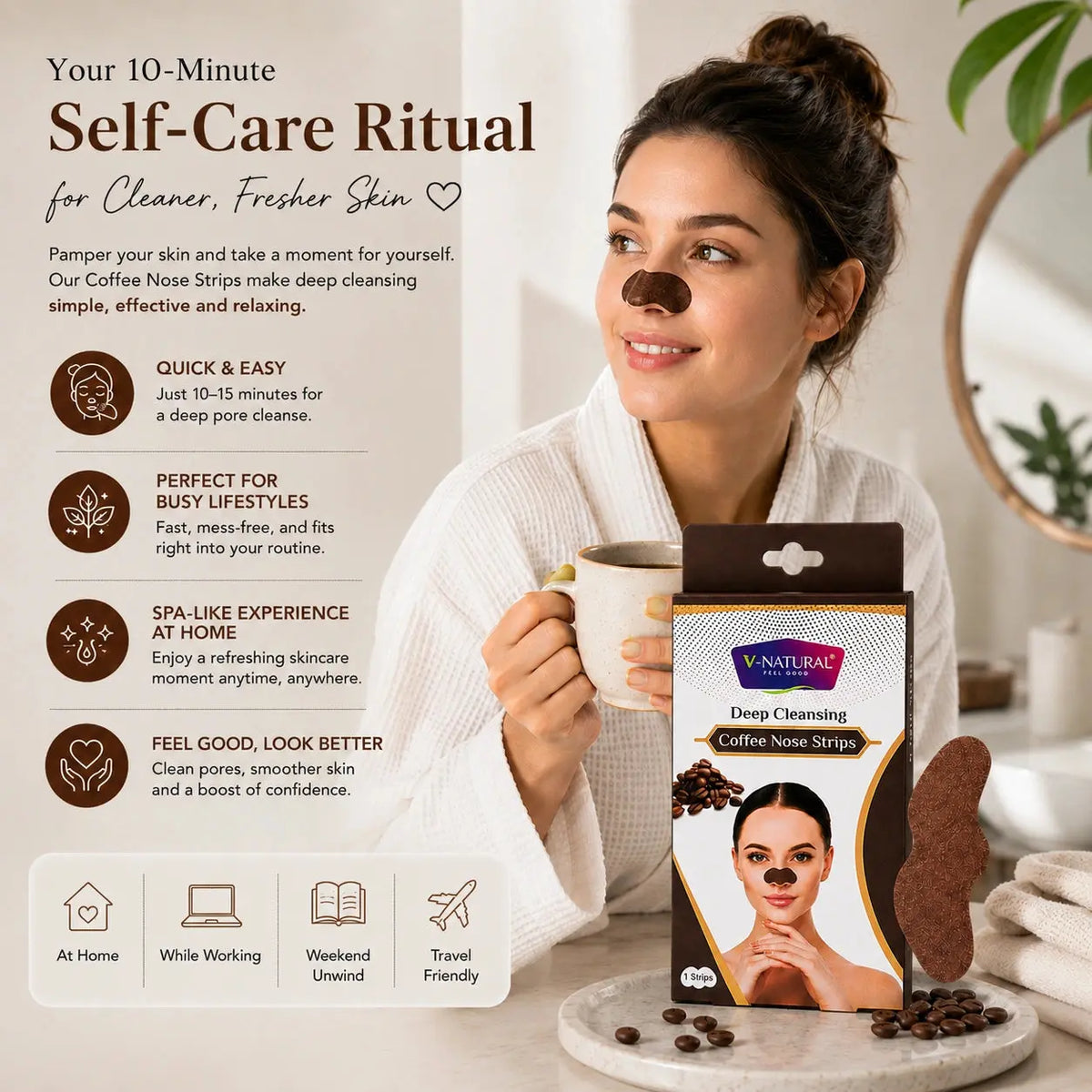 A woman in a white robe holds a mug while wearing a coffee nose strip on her nose. The image is a promotional graphic for V-Natural Coffee Nose Strips, showing the product packaging on a marble tray with coffee beans, alongside marketing text and icons about its benefits.