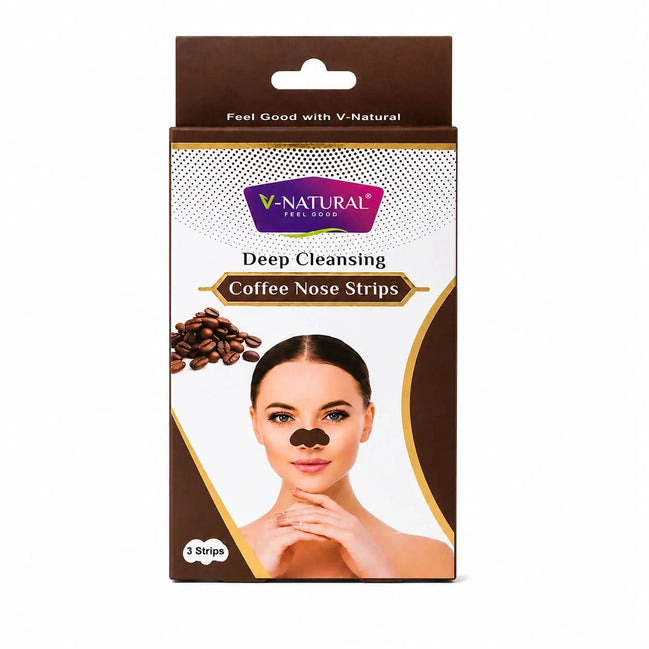 V-Natural Deep Cleansing Coffee Nose Strips packaging box, featuring a model with a black nose strip on her nose, coffee beans, and the V-Natural logo on a white and brown background.