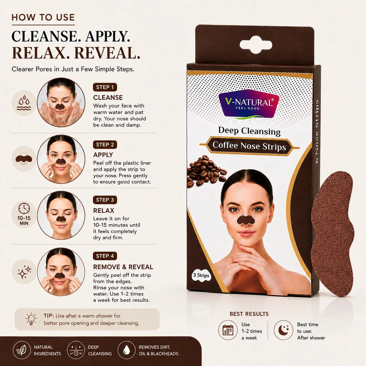 V-Natural Deep Cleansing Coffee Nose Strips packaging and product display on a light beige background, with step-by-step usage instructions on the left and two brown nose strips on the right.