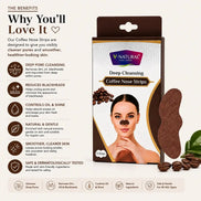 V-Natural Deep Cleansing Coffee Nose Strips packaging and product display on a beige background, with text detailing benefits, a model wearing the strips, and coffee bean graphics.