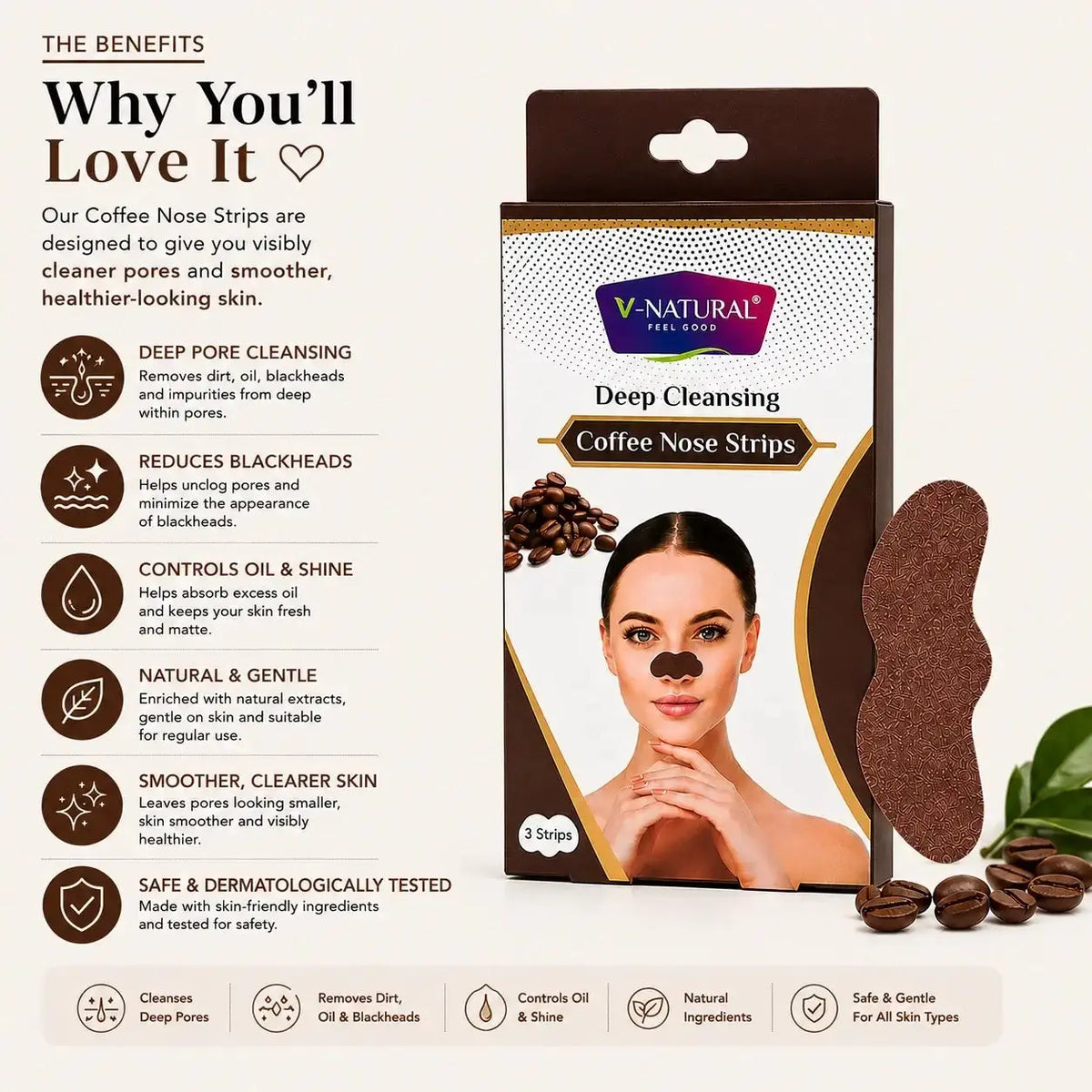 V-Natural Deep Cleansing Coffee Nose Strips packaging and product display on a beige background, with text detailing benefits, a model wearing the strips, and coffee bean graphics.