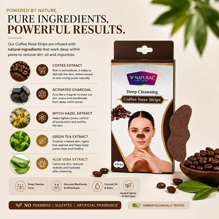 V-Natural Deep Cleansing Coffee Nose Strips in a brown cardboard pouch, shown next to a graphic detailing its natural ingredients (coffee extract, activated charcoal, witch hazel, green tea, aloe vera) and accompanied by a bowl of coffee beans and a model demonstrating the nose strip application.
