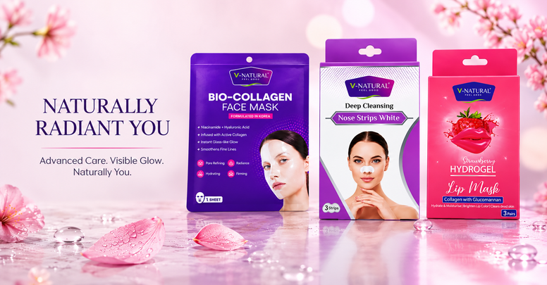 Three beauty product packages from Natures Beauty are displayed on a glossy pink surface with decorative pink petals and flowers. The products are: a purple Bio-Collagen Face Mask, a purple Deep Cleansing Nasal Strips White, and a pink Lip Mask with Strawberry.