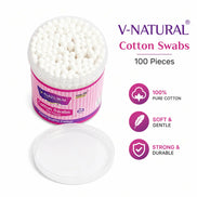 V-Natural cotton swabs in a clear plastic jar with a pink label, shown next to its lid on a white background with product feature icons.