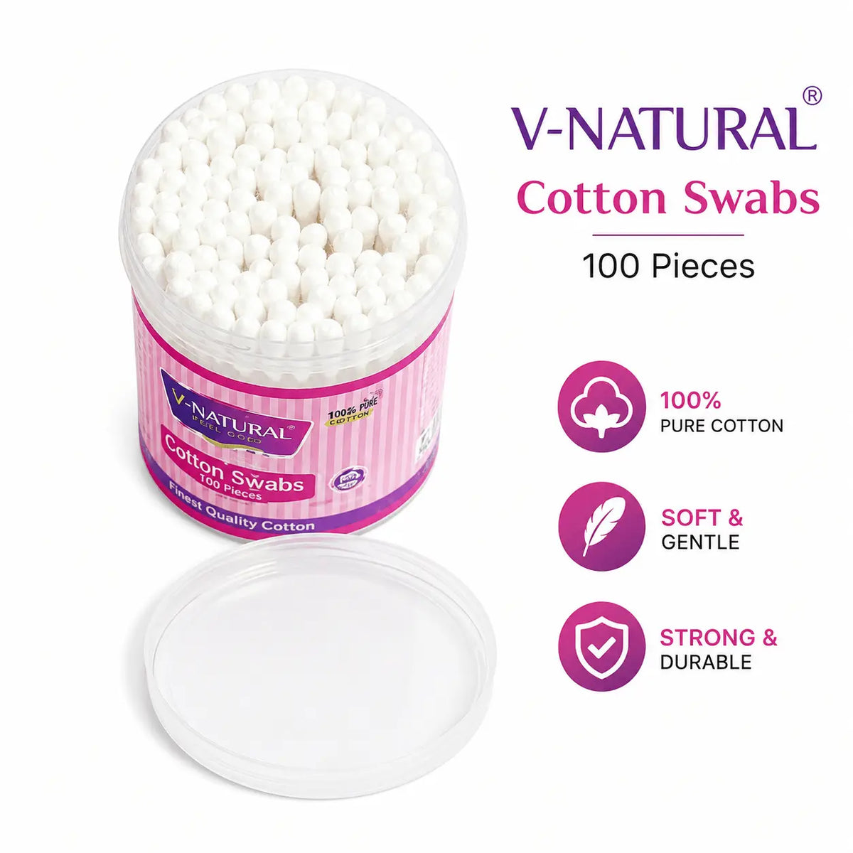 V-Natural cotton swabs in a clear plastic jar with a pink label, shown next to its lid on a white background with product feature icons.