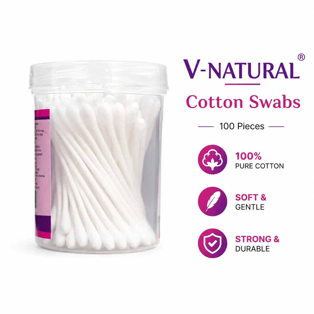A clear plastic jar filled with white cotton swabs on a white background, with purple and pink text on the right reading V-NATURAL Cotton Swabs, 100 Pieces, and feature icons for 100% pure cotton, soft and gentle, and strong and durable.