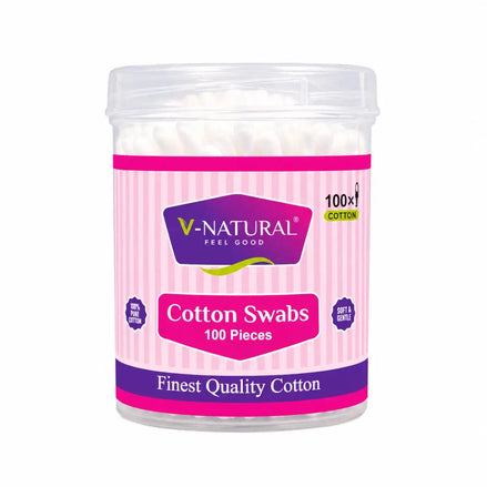 A clear plastic jar of V-Natural cotton swabs with a pink and purple striped label, containing 100 pieces of white cotton swabs, on a white background.