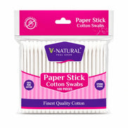 V-Natural Paper Stick Cotton Swabs in a clear plastic package with a pink and purple label, containing 100 white cotton swabs.