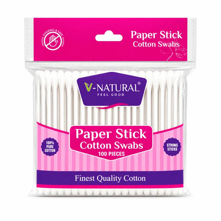 V-Natural Paper Stick Cotton Swabs in a clear plastic package with a pink and purple label, containing 100 white cotton swabs.