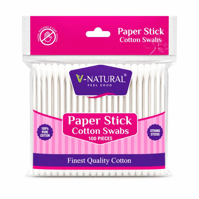 V-Natural Paper Stick Cotton Swabs in a clear plastic package with a pink and purple label, containing 100 white cotton swabs.