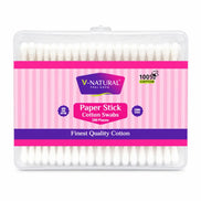 V-Natural Paper Stick Cotton Swabs in a clear plastic box with a pink and purple striped label, containing 200 pieces.