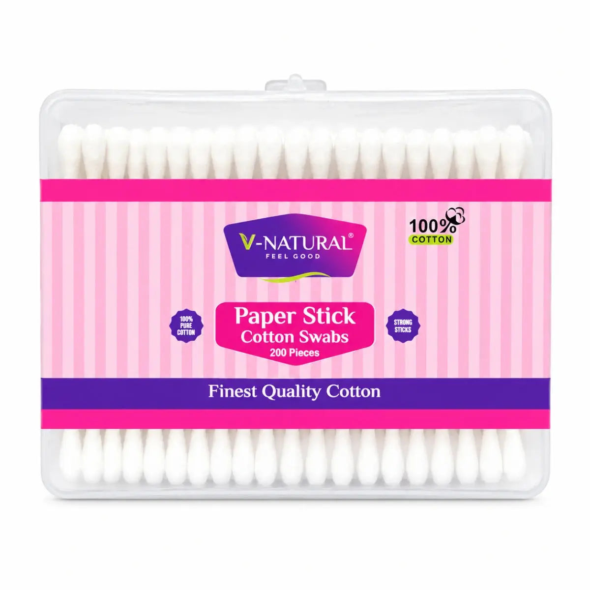 V-Natural Paper Stick Cotton Swabs in a clear plastic box with a pink and purple striped label, containing 200 pieces.