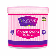 V-Natural Cotton Swabs 300-piece container in pink and purple packaging on a white background.