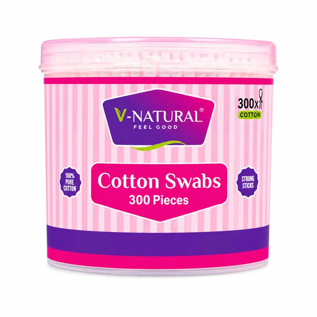 V-Natural Cotton Swabs 300-piece container in pink and purple packaging on a white background.