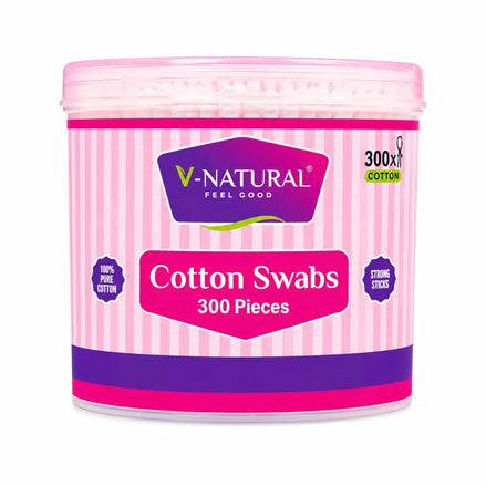 V-Natural Cotton Swabs 300-piece container in pink and purple packaging on a white background.