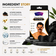 V-Natural Men's Nose Strips packaging shown on a branded ingredient-story background with text listing activated charcoal, witch hazel extract, green tea extract, hamamelis virginiana extract, and glycerin, plus a photo of a man's face on the box.