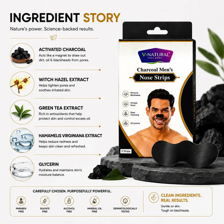 V-Natural Men's Nose Strips packaging shown on a branded ingredient-story background with text listing activated charcoal, witch hazel extract, green tea extract, hamamelis virginiana extract, and glycerin, plus a photo of a man's face on the box.