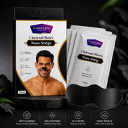 V-Natural Charcoal Men's Nose Strip packaging shown with three individual white sachets, a black nose strip, and informational text on a dark styled background.