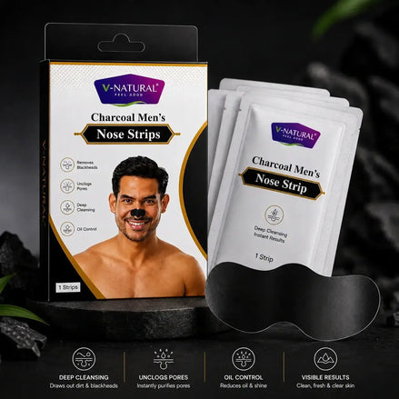 V-Natural Charcoal Men's Nose Strip packaging shown with three individual white sachets, a black nose strip, and informational text on a dark styled background.
