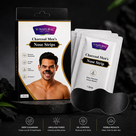 V-Natural Charcoal Men's Nose Strips packaging box, three individual sachets, and a black sleep mask displayed on a dark textured background with product feature icons at the bottom.