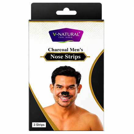 V-Natural Charcoal Men's Nose Strips retail packaging, featuring a white and black box with gold accents, a hanging tab at the top, and a photo of a man wearing a black nose strip on the front.