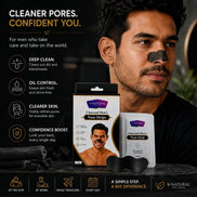 A man wearing a charcoal nose strip with the product packaging and a single-use packet shown beside him on a dark, sleek background. Text highlights benefits like deep clean, oil control, clearer skin, and confidence boost.
