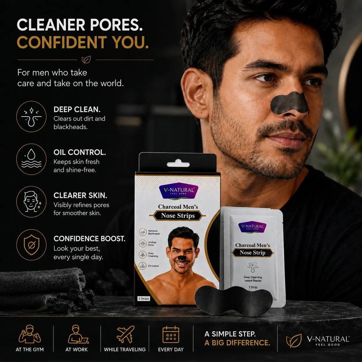 A man wearing a charcoal nose strip with the product packaging and a single-use packet shown beside him on a dark, sleek background. Text highlights benefits like deep clean, oil control, clearer skin, and confidence boost.