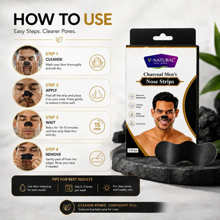 V-Natural Charcoal Men's Nose Strips product packaging and black nose strip shown on a styled background with a step-by-step 'How to Use' infographic on the left.