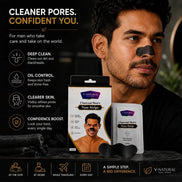 A man wearing a charcoal nose strip on his nose, with product packaging and a black nose strip shown beside him. The image includes marketing text for V-Natural Charcoal Men's Nose Strips on a dark, moody background.