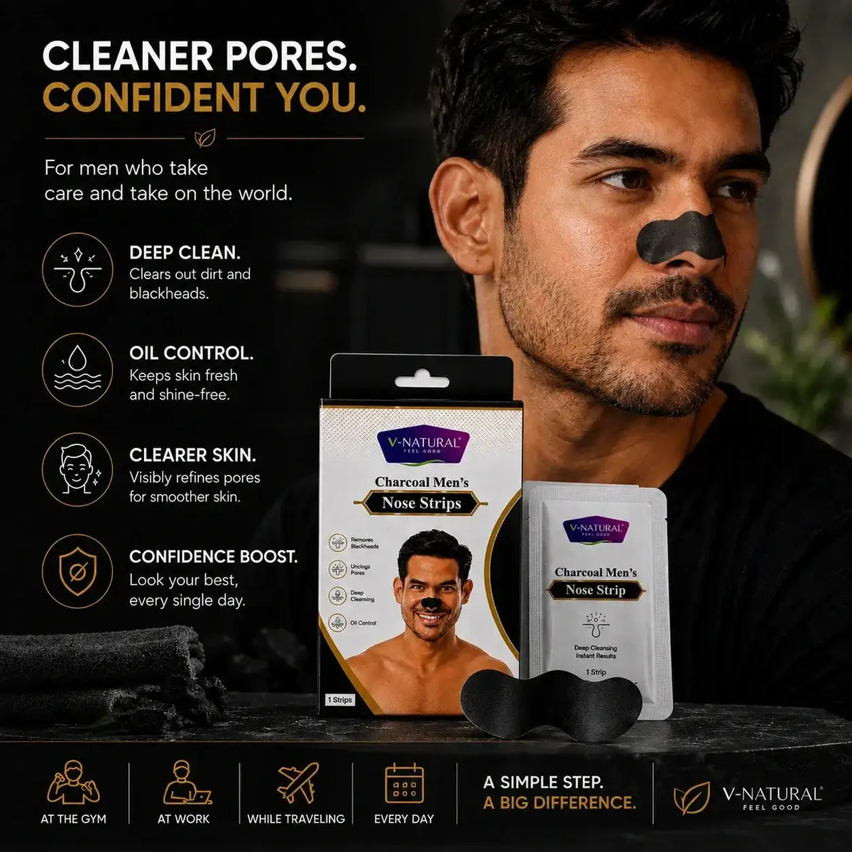 A man wearing a charcoal nose strip on his nose, with product packaging and a black nose strip shown beside him. The image includes marketing text for V-Natural Charcoal Men's Nose Strips on a dark, moody background.