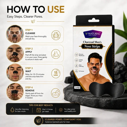 V-Natural Charcoal Men's Nose Strips packaging and product shown on a dark stone background with a step-by-step usage guide on the left. The box is black, white, and gold with a photo of a man on the packaging, and the actual nose strip is black and laid out beside the box.