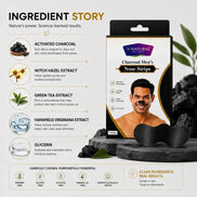 V-Natural Men's Nose Strips ingredient story infographic featuring a product box on the right and ingredient callouts on the left, including activated charcoal, witch hazel extract, green tea extract, hamamelis virginiana extract, and glycerin, with a black charcoal strip shown on a man's nose.