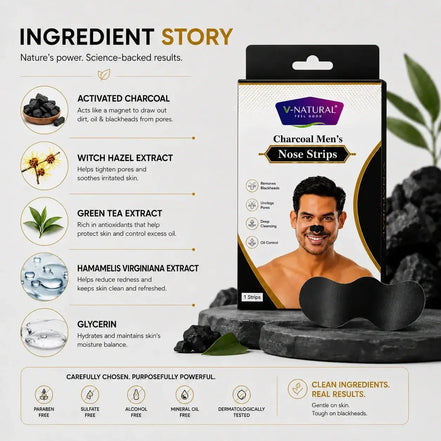 V-Natural Men's Nose Strips ingredient story infographic featuring a product box on the right and ingredient callouts on the left, including activated charcoal, witch hazel extract, green tea extract, hamamelis virginiana extract, and glycerin, with a black charcoal strip shown on a man's nose.