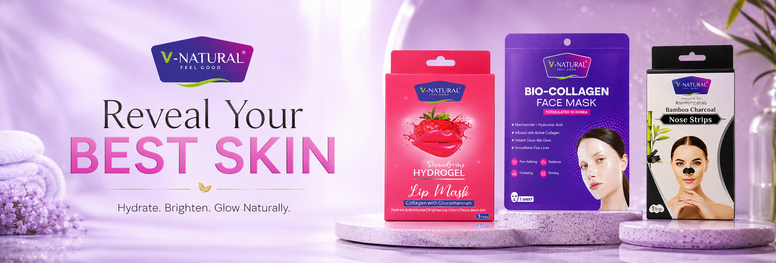 Three V-Natural skincare mask packages displayed on white pedestals against a soft lavender studio background. The packages are: 'Reveal Your Best Skin' Hydrogel Lip Wash in pink, 'Bio-Collagen Face Mask' in purple, and 'Niacin Power' in black.