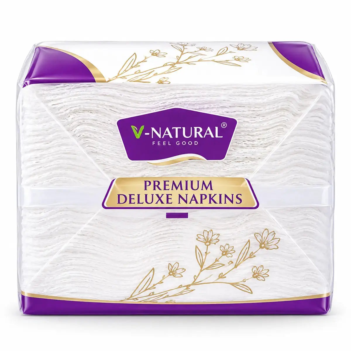V-Natural Premium Deluxe Napkins in a clear plastic package with purple and gold accents, showing the white textured napkins inside.