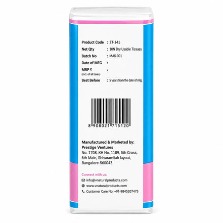 The back of a white roll of natural tissues with a blue and pink label, showing product details, a barcode, and manufacturer contact information on a white background.