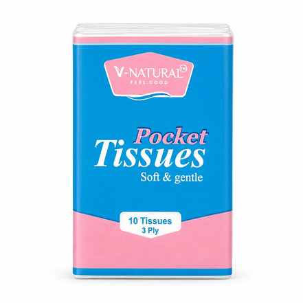 V-Natural Pocket Tissues pack, 10 tissues 3 ply, featuring a blue and pink packaging design with white text.