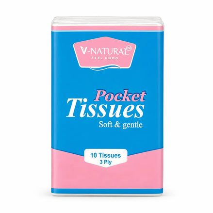 V-Natural Pocket Tissues pack, 10 tissues 3 ply, featuring a blue and pink packaging design with white text.