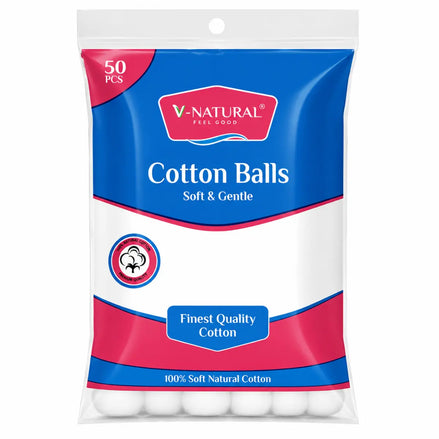 A package of V-Natural Cotton Balls, containing 50 soft natural cotton balls, in a resealable plastic bag with a blue, white, and pink label.