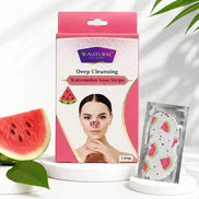V-Natural Deep Cleansing Watermelon Nose Strips packaging box displayed on a white pedestal, alongside a single watermelon-patterned nose strip in a silver pouch, with watermelon slices and green leaves as props.