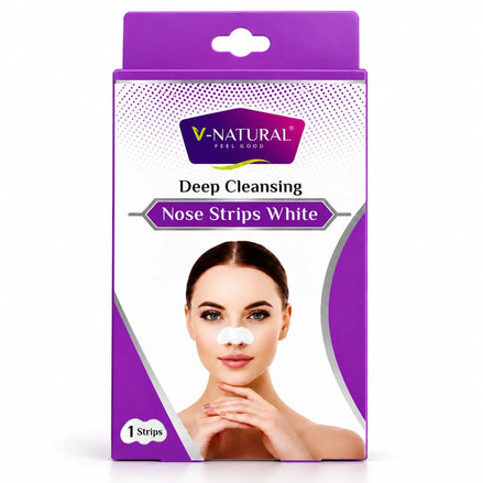 V-Natural Deep Cleansing Nose Strips White packaging box, featuring a purple and white design with a model wearing a white nose strip.