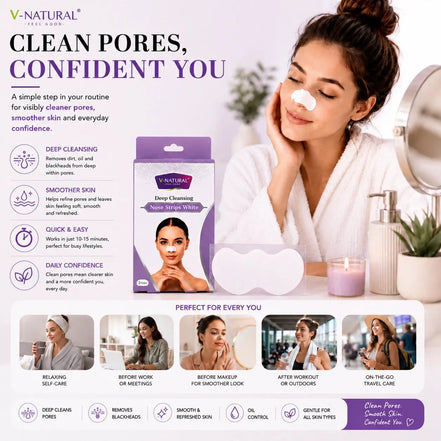 V-Natural Deep Cleansing Nose Strips shown in a promotional layout with a woman in a white robe applying a strip, alongside product packaging and benefit callouts for clean pores and smoother skin.