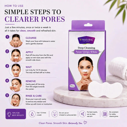 V-Natural Deep Cleansing Nose Strips shown in their purple packaging, alongside a white reusable strip and a diagram explaining how to use it for clearer pores.