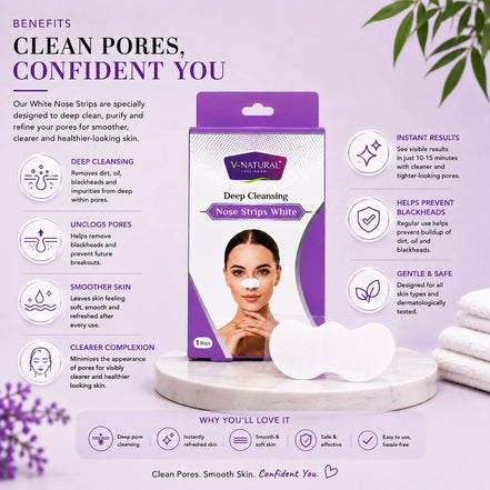 A promotional infographic for a purple and white 'Naturally White' Deep Cleansing Nose Strip product. The layout features a model with a clean complexion on a white pedestal, surrounded by text detailing the benefits of white nose strips, such as deep cleansing, unclogging pores, and smoothing skin.