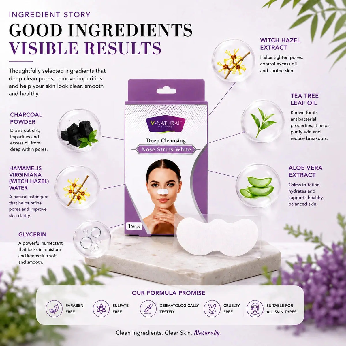 NaturaL Deep Cleansing Nose Strips White product packaging shown on a white stone slab with ingredient callouts and benefit icons around it, on a pale green background.